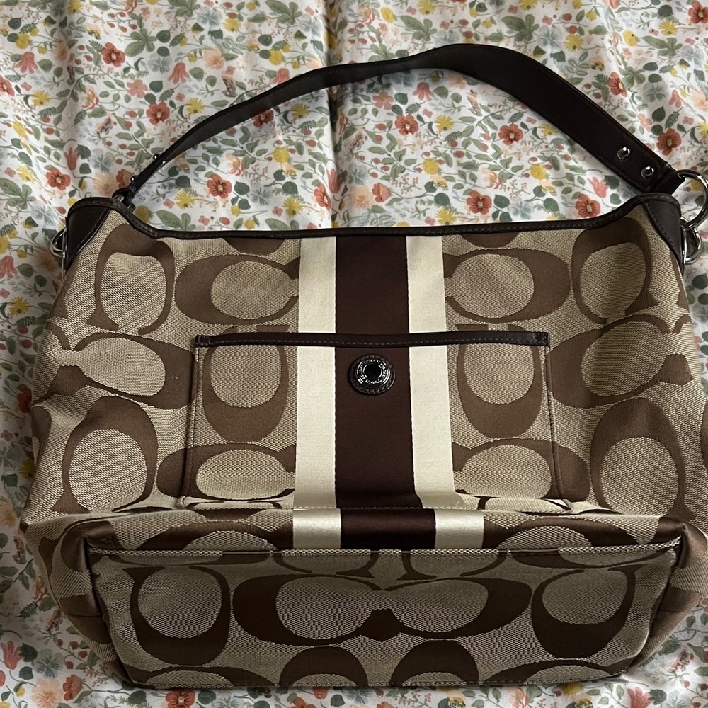 Coach Signature Stripe Shoulder Bag in Brown and Cream